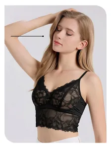 Detailed view of women's black silk lace bralette featuring delicate floral embroidery