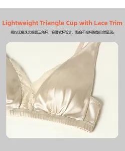 Macro shot of triangle cup silk bra with delicate lace trim and pearlescent satin finish