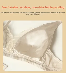 Detail of silk bra with 92% mulberry silk lining and lace trim in champagne color