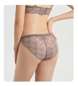 Rear view of mauve purple lace lingerie set with semi-transparent floral mesh details