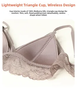 Détail de la doublure en 100% soie de mûrier et de la dentelle du soutien-gorge triangle