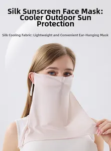 Detail view of pink silk cooling face mask with ear loops and breathable neck protection