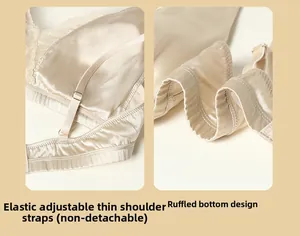 Detail of adjustable elastic straps and pleated bottom hem on silk lace bra