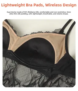 Detail view of lace bra featuring 93% mulberry silk lining and 3mm ultra-thin cup pads