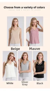 Détails du débardeur en soie tricotée avec col en V en beige, rose, blanc, gris et noir