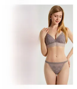 Lace bralette and low-rise silk panties set in mauve with intricate floral textures