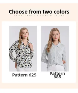 Detail view of two printed silk shirts with turn-down collar and zipper front closure