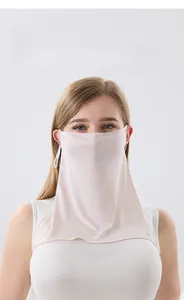Front view of light pink silk sun protection mask with cooling fabric and ear loops