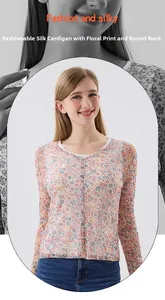 Close-up of silk round neck printed cardigan featuring delicate floral patterns and buttons