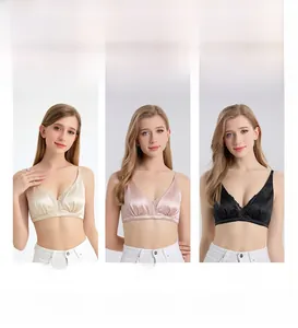 Silk lace bras in champagne, grey pink, and black featuring deep V-neck and glossy finish