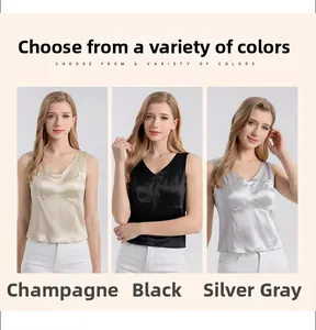 Silk V-neck camisole tops in champagne, black and silver gray with elegant satin finish
