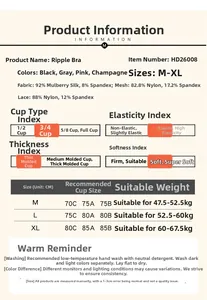 Size guide for lace silk bra showing M to XL measurements in CM and KG weight reference