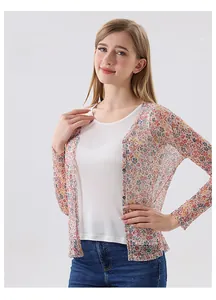 Close-up of floral silk sun protection cardigan with translucent mesh and buttons