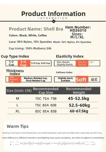 Guide des tailles détaillé et composition du soutien-gorge en soie et dentelle sans armature
