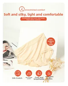 Détail de culotte en soie beige avec dentelle et gousset en 100% soie de mûrier