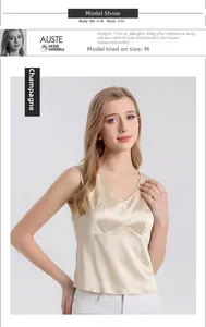 Detail view of champagne silk V-neck tank top with size M on 175cm tall model