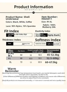 Size chart for low-waist mulberry silk lace panties with waist and weight measurements