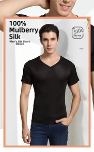 Detail of premium 100% mulberry silk men's V-neck T-shirt with smooth glossy texture