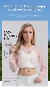 Detail of light pink 100% mulberry silk sun protection cardigan with metal button