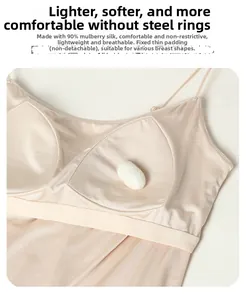 Detail of silk camisole featuring 90% mulberry silk and integrated light padding