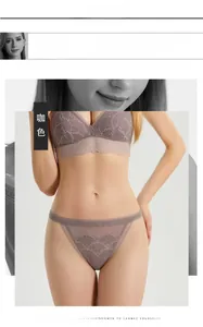 Detail view of coffee-colored lace lingerie set featuring V-neck bra and matching panties