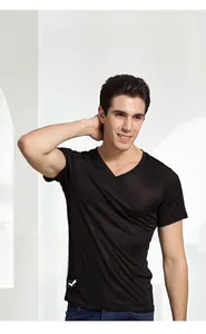 Close-up of premium breathable black V-neck silk t-shirt with a smooth knitted texture