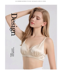 Detailed close-up of champagne silk lace bralette with delicate elegant floral trim