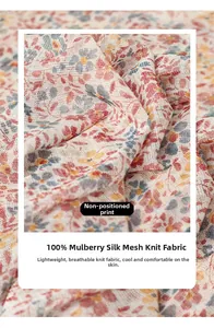 Detailed macro view of 100% mulberry silk mesh fabric with elegant floral print texture