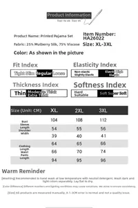 Tableau des tailles pour pyjama en soie imprimé pour femmes avec mesures XL-3XL détaillées