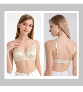 Detail view of champagne silk lace bra featuring wireless design and fine adjustable straps