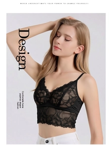 Detailed view of black silk lace bralette featuring delicate floral patterns and slim straps