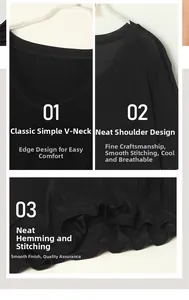 Detail view of V-neckline, shoulder stitching and reinforced hem on black silk T-shirt
