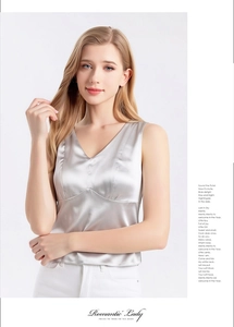 Detailed view of women's silk V-neck tank top with luxurious satin sheen and elegant texture