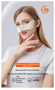 Detail of 6A mulberry silk nose mask showing UPF 50 plus protection and ear loops