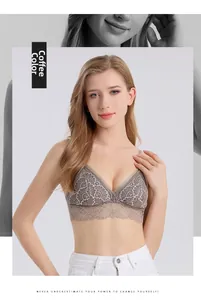 Détail de soutien-gorge en soie marron café avec dentelle florale et décolleté en V