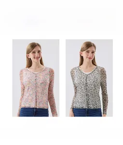 Detail view of silk mesh sun protection cardigans in two floral prints 672 and 674