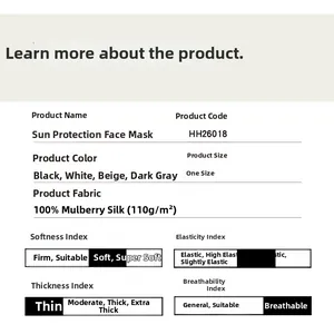 Specifications chart for 100% mulberry silk sun mask showing fabric weight and breathability