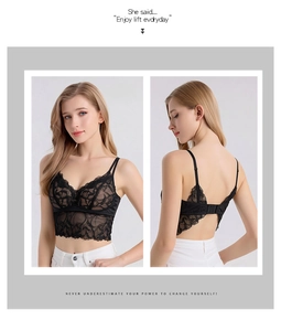 Detail of floral lace back design on a black silk bra with adjustable double straps