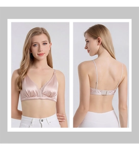 Front and back detail of champagne silk lace bralette featuring non-wired plunge design