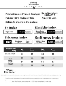 Detailed size chart for silk printed sunscreen cardigan with measurements from XL to 4XL