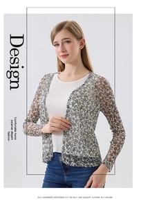 Detail showing elegant grey floral print on breathable silk mesh sun protection cardigan