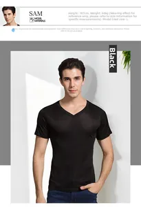 Men's black V-neck knitted silk T-shirt close-up on model height 187cm wearing size L