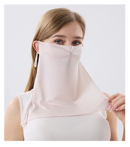 Detail of soft pink silk sun protection mask with ear loops for face and neck coverage