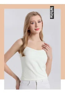 Detailed view of the white silk camisole's soft texture and slim fit on a model