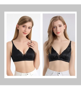 Detail of black silk lace bra featuring V-neckline and elegant slender shoulder straps