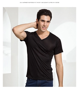 Macro detail of men's black silk knit V-neck T-shirt showing premium glossy fabric texture