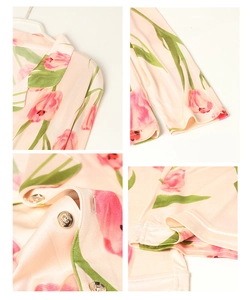 Détails du pyjama en soie avec tulipes roses, texture satinée et boutons dorés