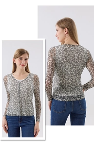 Macro detail of breathable silk mesh fabric with elegant vintage floral print on cardigan