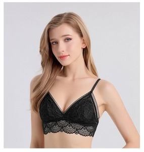 Vue détaillée d'une bralette en dentelle de soie noire avec motifs floraux et fines bretelles