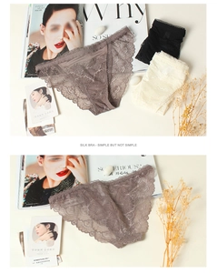 Detailed close-up of lace panties in silk blend, featuring delicate scalloped floral edges